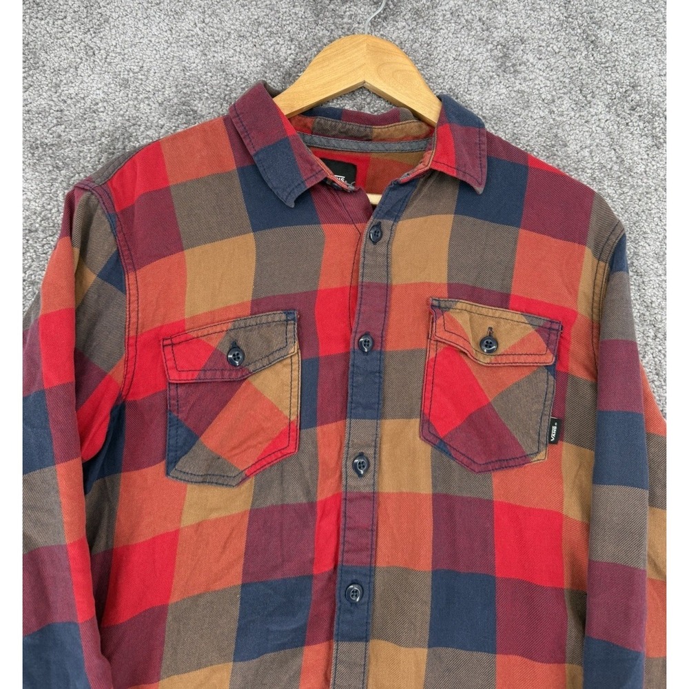 Vans Mens Flannel Shirt Medium Tailored Fit Red Navy Brown Plaid Long Sleeve